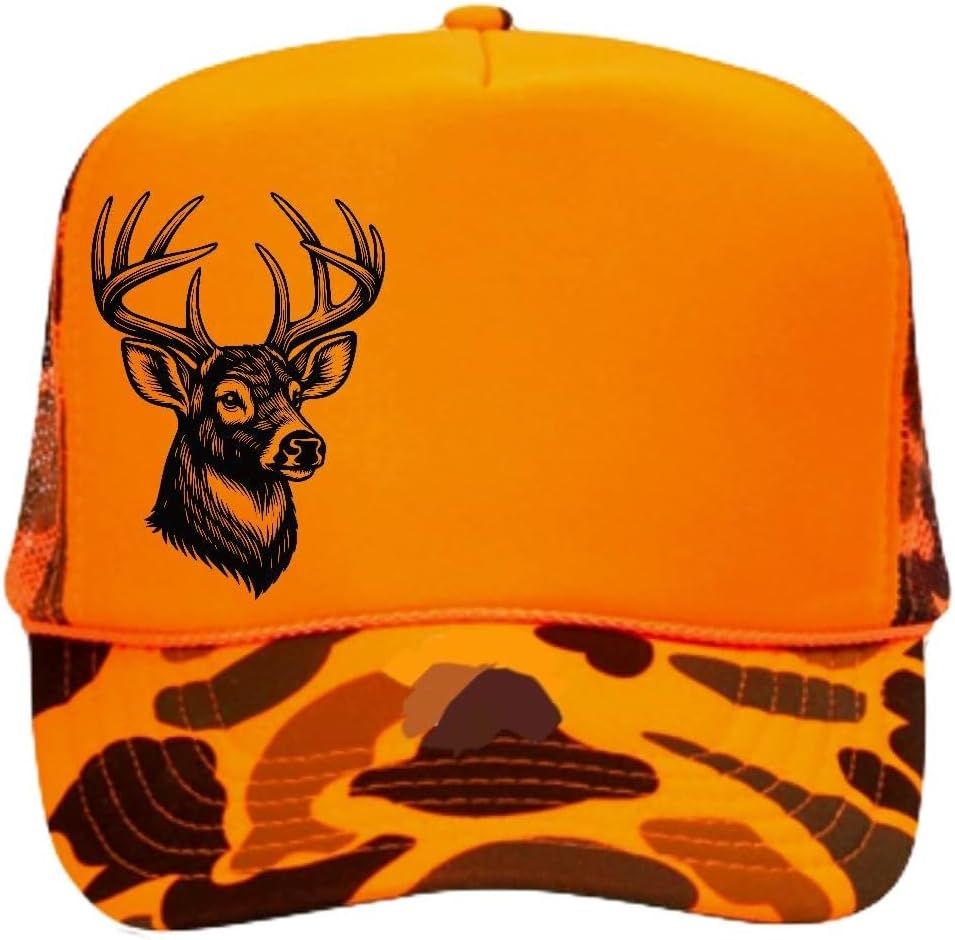 ThatsRad orange camouflage deer buck mesh trucker hat front view streetwear