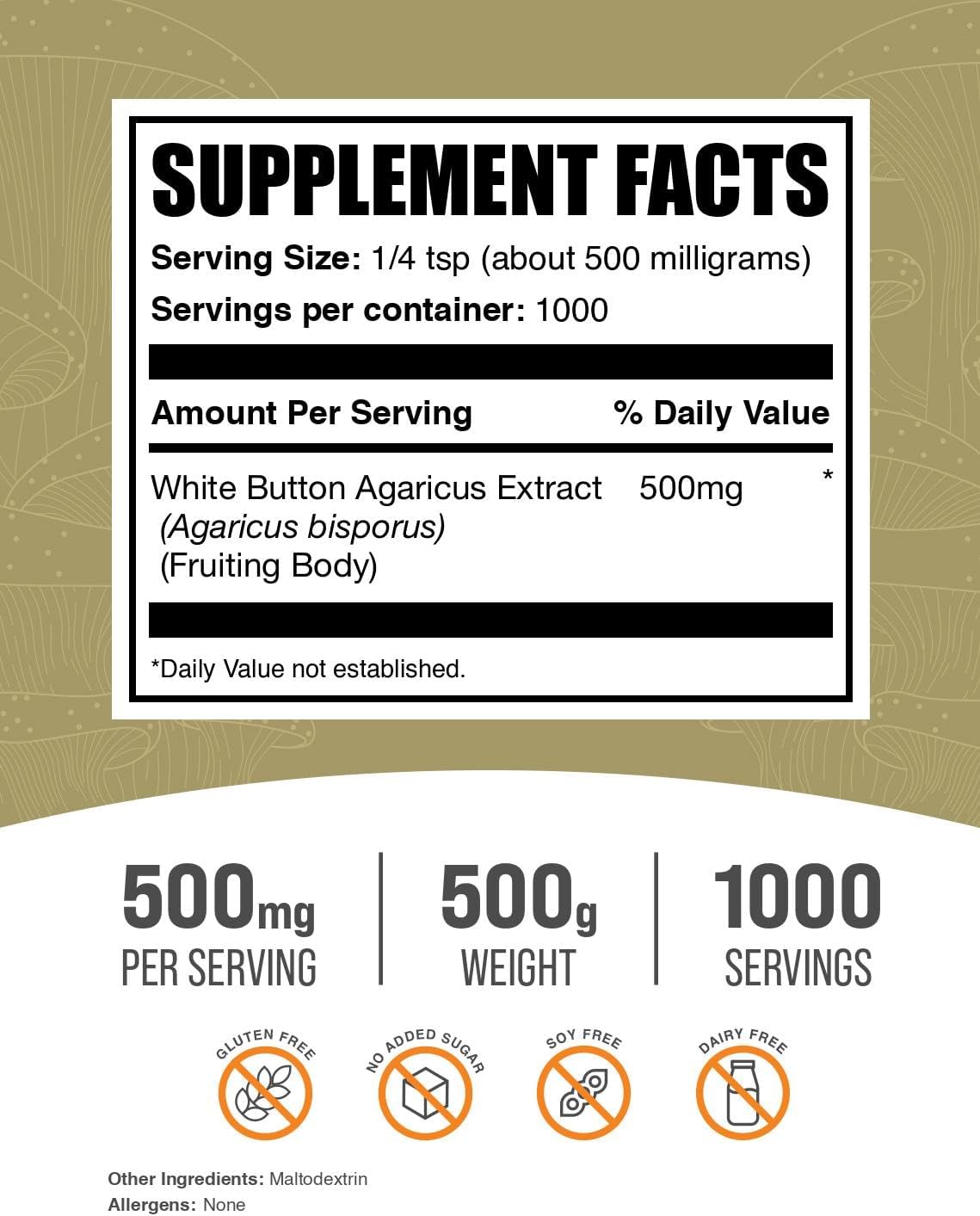BulkSupplements mushroom powder packaging label details