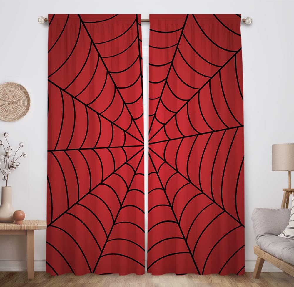 Allenjoy superhero spider web red window curtains front view hanging in a kids bedroom.