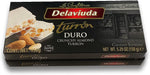 Side view of Delaviuda crunchy almond turron boxes highlighting the supreme quality and gluten free labels.