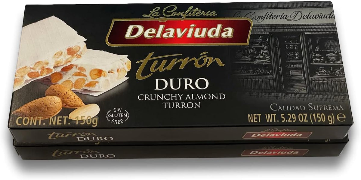 Side view of Delaviuda crunchy almond turron boxes highlighting the supreme quality and gluten free labels.