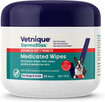 Vetnique Dermabliss Chlorhexidine Medicated Wipes front view packaging for pet skin care.