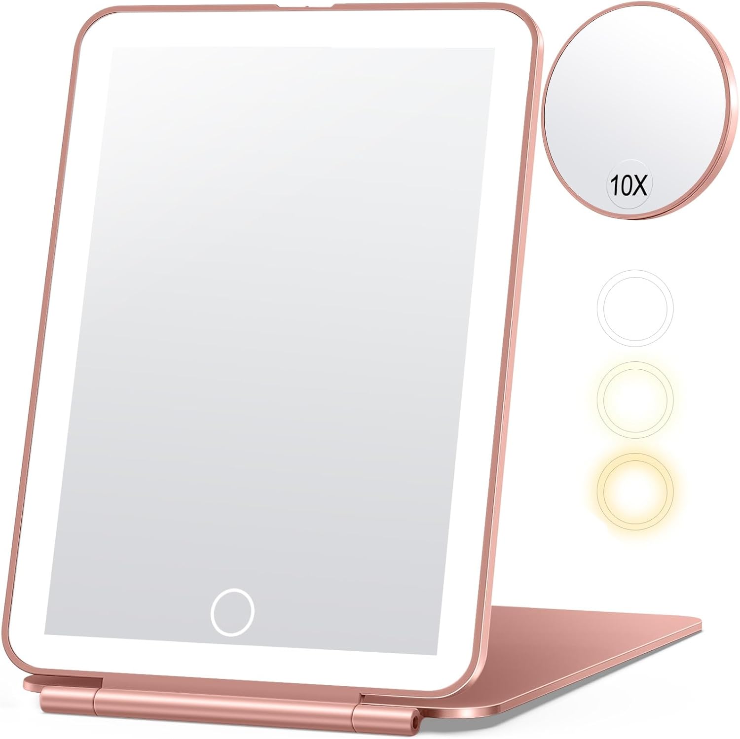 Miroposs rechargeable travel makeup mirror front view showing illuminated rose gold vanity frame