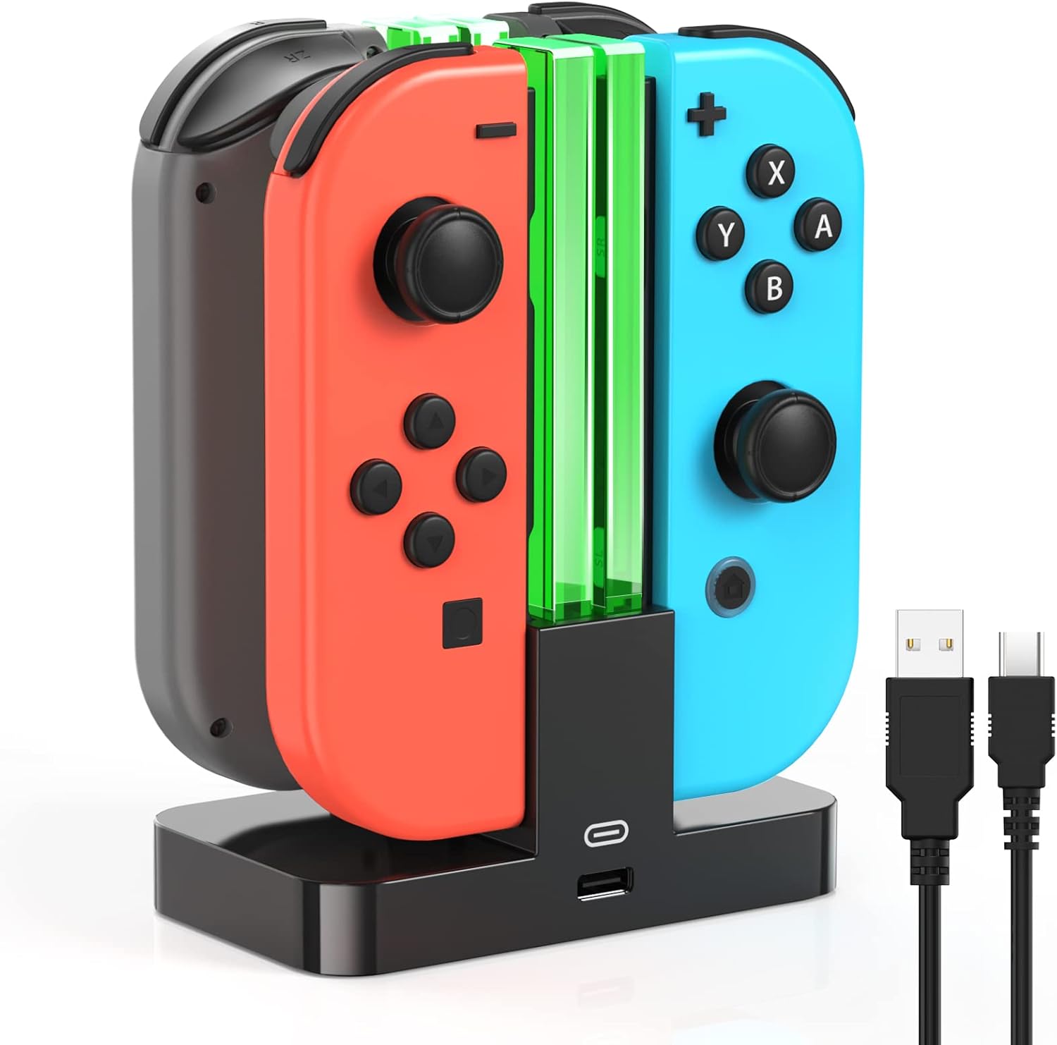 FYOUNG 4 in 1 charging station for Nintendo Switch showing front view with green LED indicators