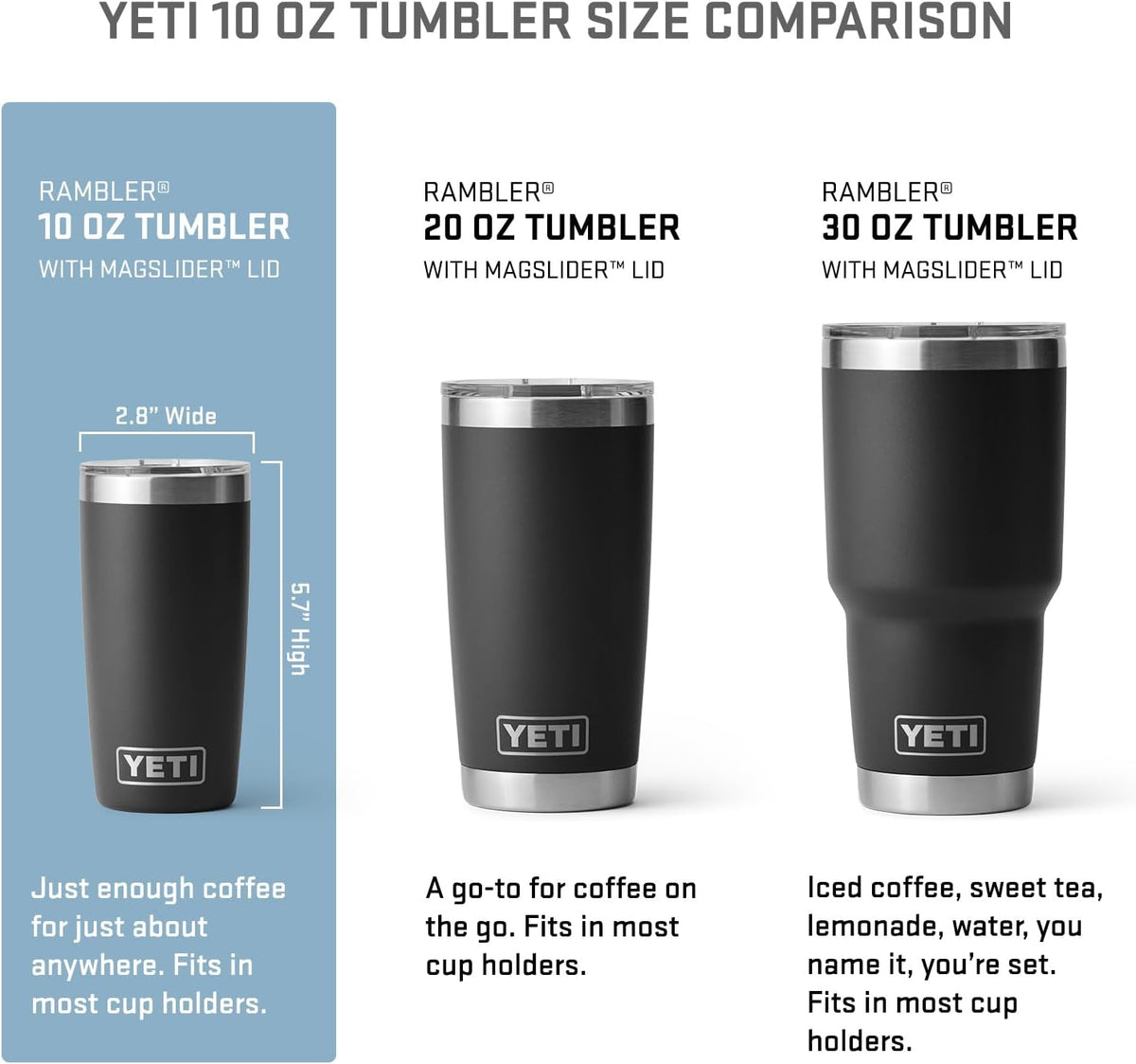 YETI Rambler 10 Ounce Tumbler angled side view showing stainless steel rim