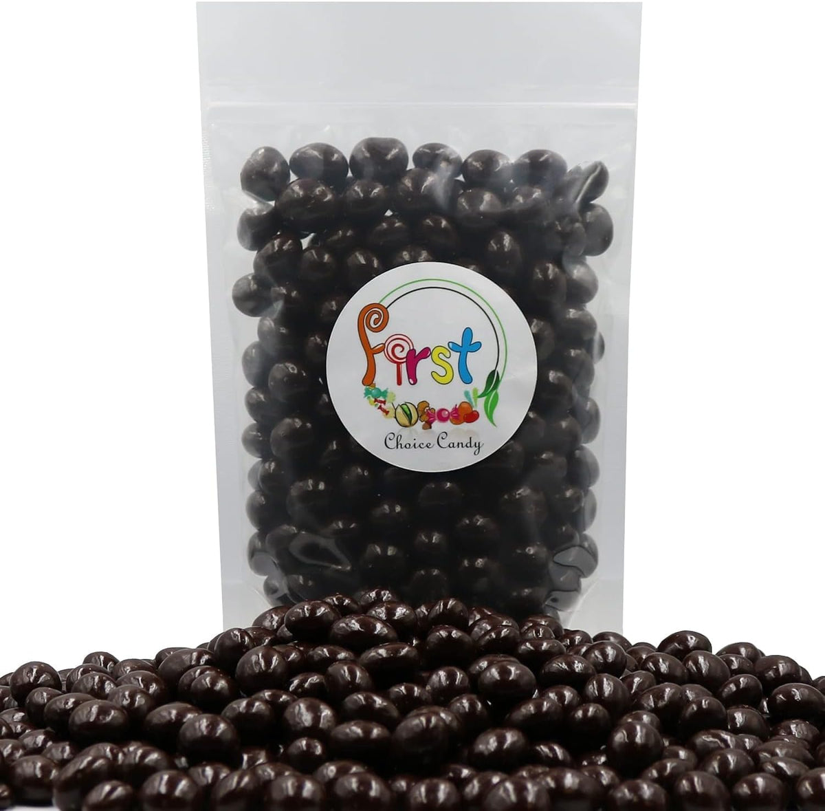 Two pound bag of dark chocolate covered espresso beans on a rustic table