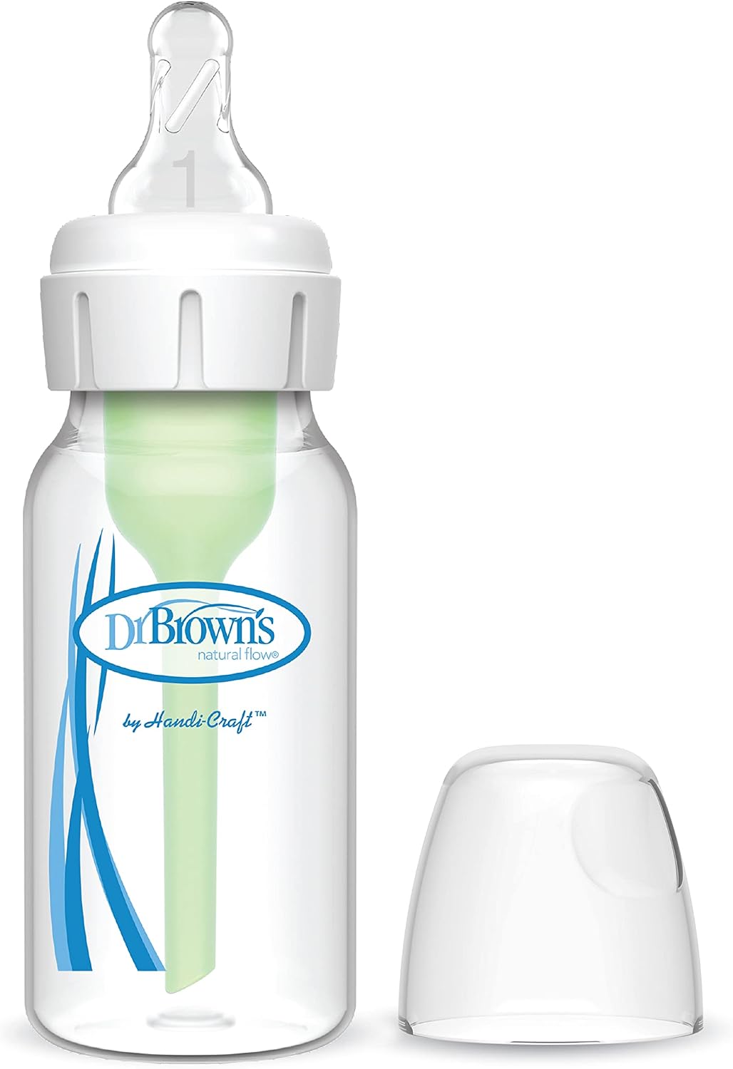 Dr. Brown's narrow baby bottle front view with level 1 nipple