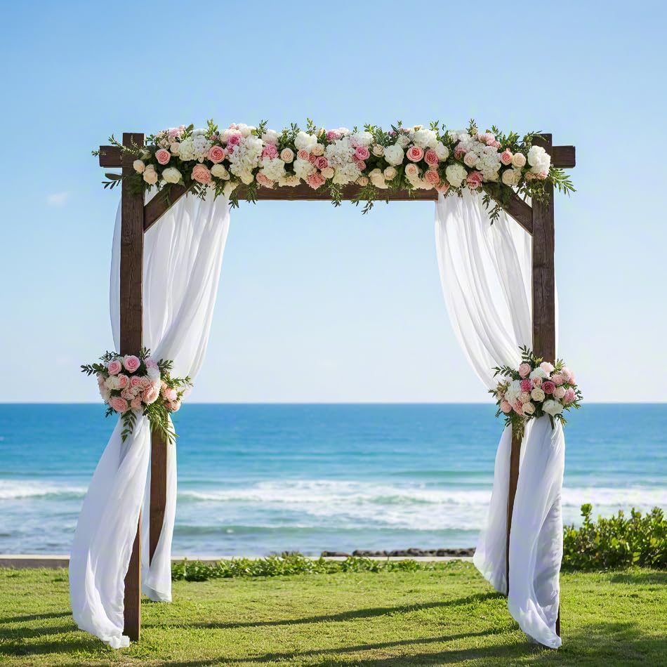 Wrinkle resistant white chiffon panels draped beautifully over a circular metal wedding arch