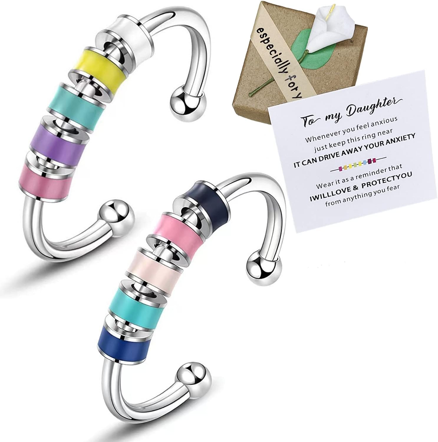 SKYFUN 2 Pieces Anxiety Ring Set front view featuring colorful spinning beads and adjustable stainless steel band.