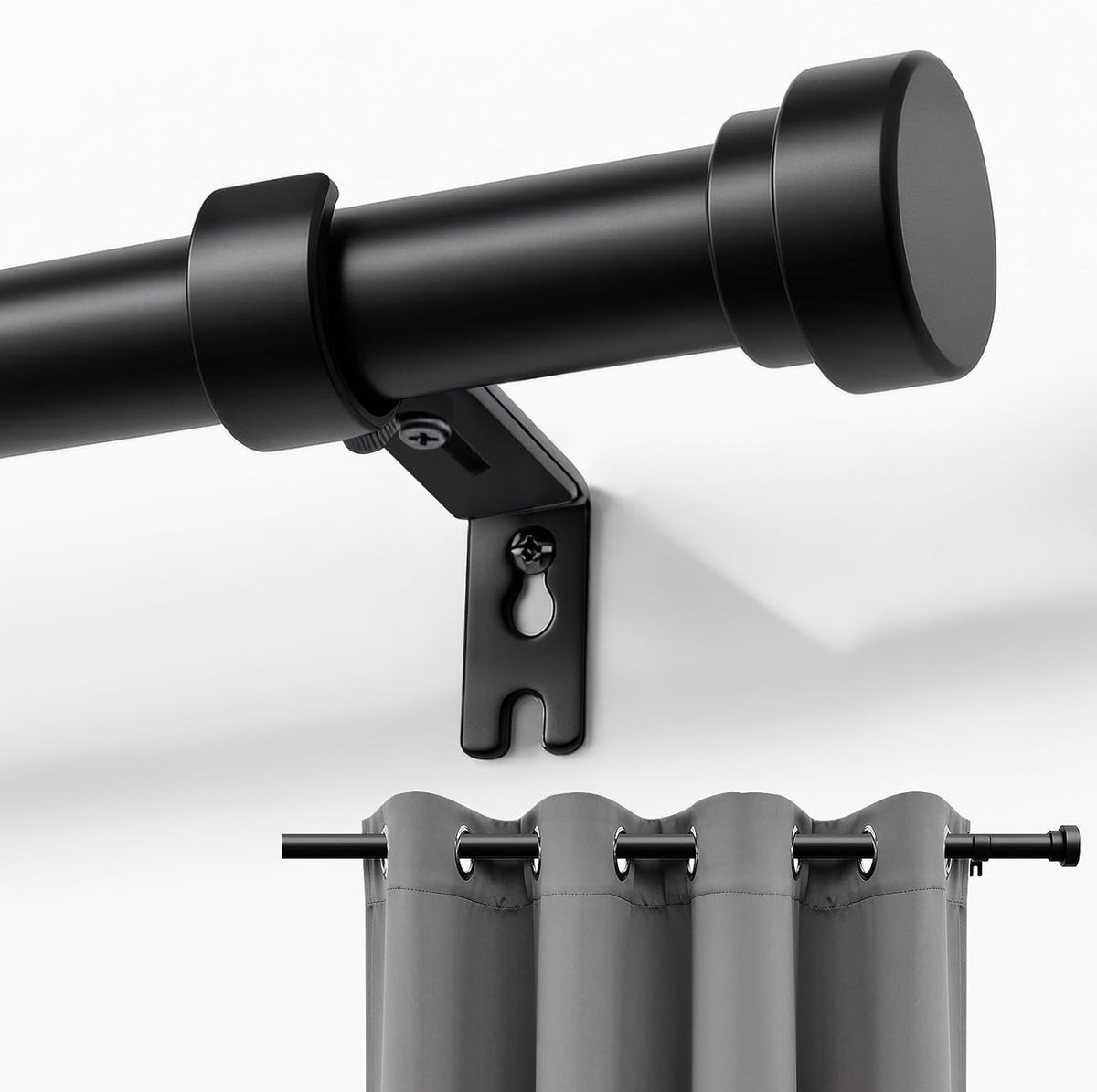 Joydeco curtain rod front view showing matte black finish.