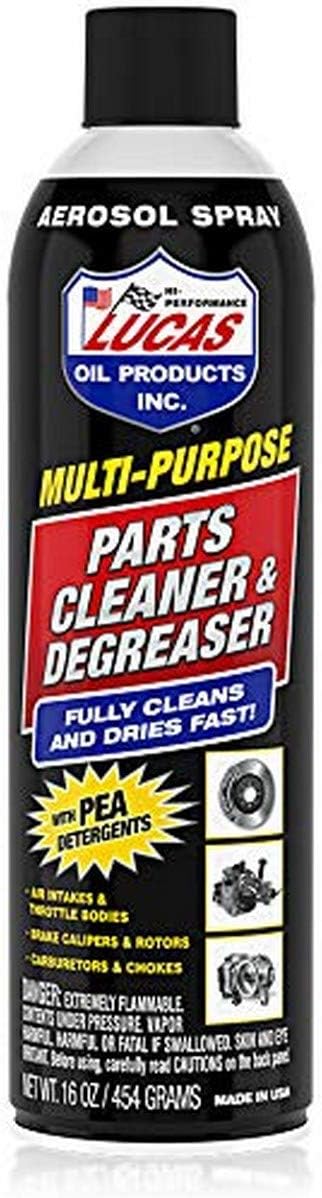 Lucas Oil Multi-Purpose Parts Cleaner And Degreaser Aerosol sixteen ounce front view showing packaging details.
