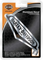 Close-up of Harley-Davidson aluminum decal sheet showing dimensions and script design