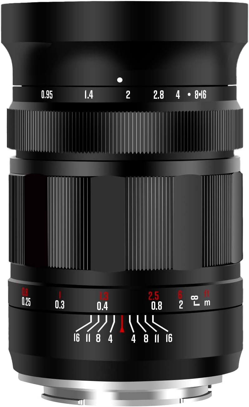 Meike 25mm f0.95 manual focus APS-C lens front view showing large aperture glass