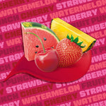 Assorted red Starburst fruit chews arranged next to the official party size product bag