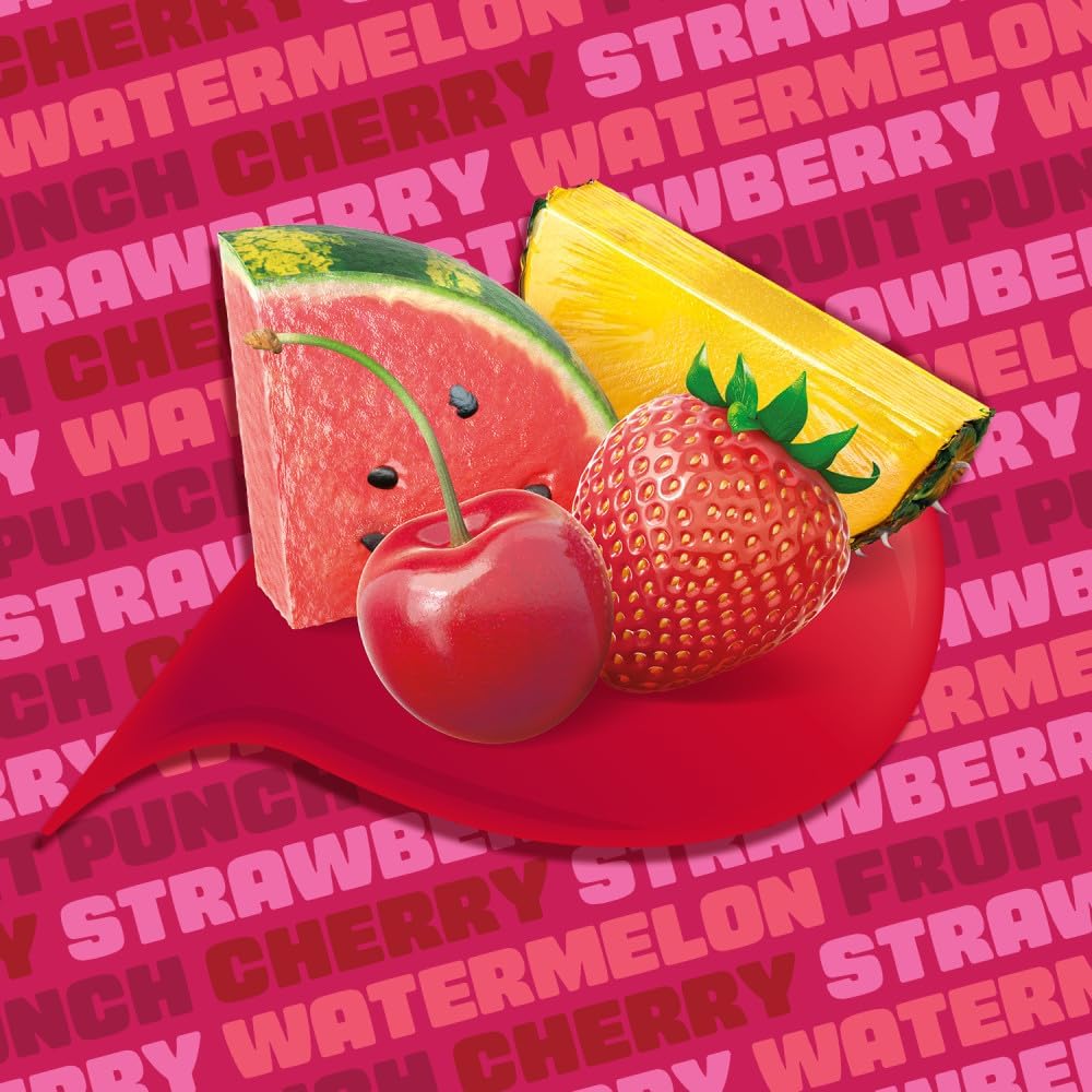 Assorted red Starburst fruit chews arranged next to the official party size product bag