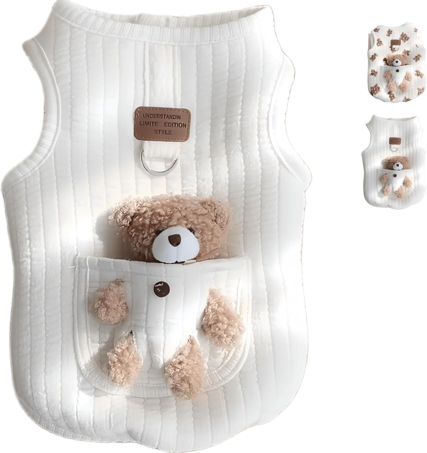 Jatmira plush bear pet apparel front view white quilted cotton vest for puppies