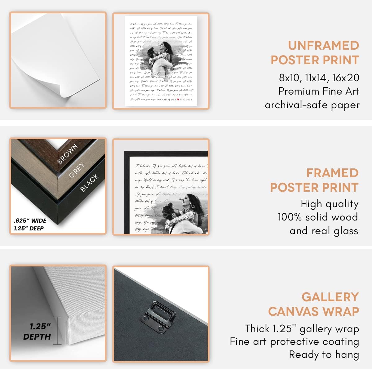 Black solid wood frame detail for song lyrics wall art
