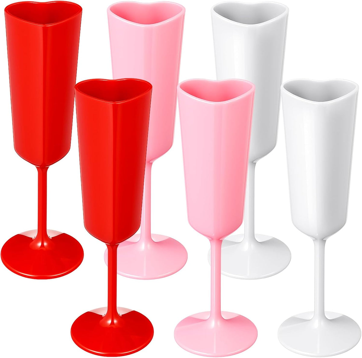 Nuogo 6 Piece Heart Shaped Plastic Champagne Flutes front view for Valentine's Day decor.