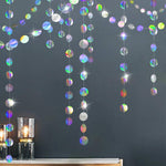 Cheerland iridescent party decorations front view showing four strings of shimmering holographic circle garlands.