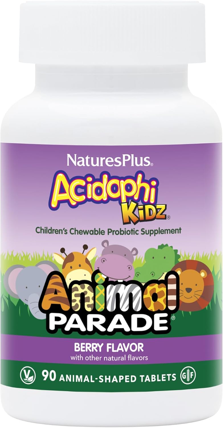 NaturesPlus Animal Parade AcidophiKidz, Berry Flavor - 90 Chewable, Animal-Shaped Tablets - with Probiotics, FOS & Grape Seed - 90 Total Servings - Image 1