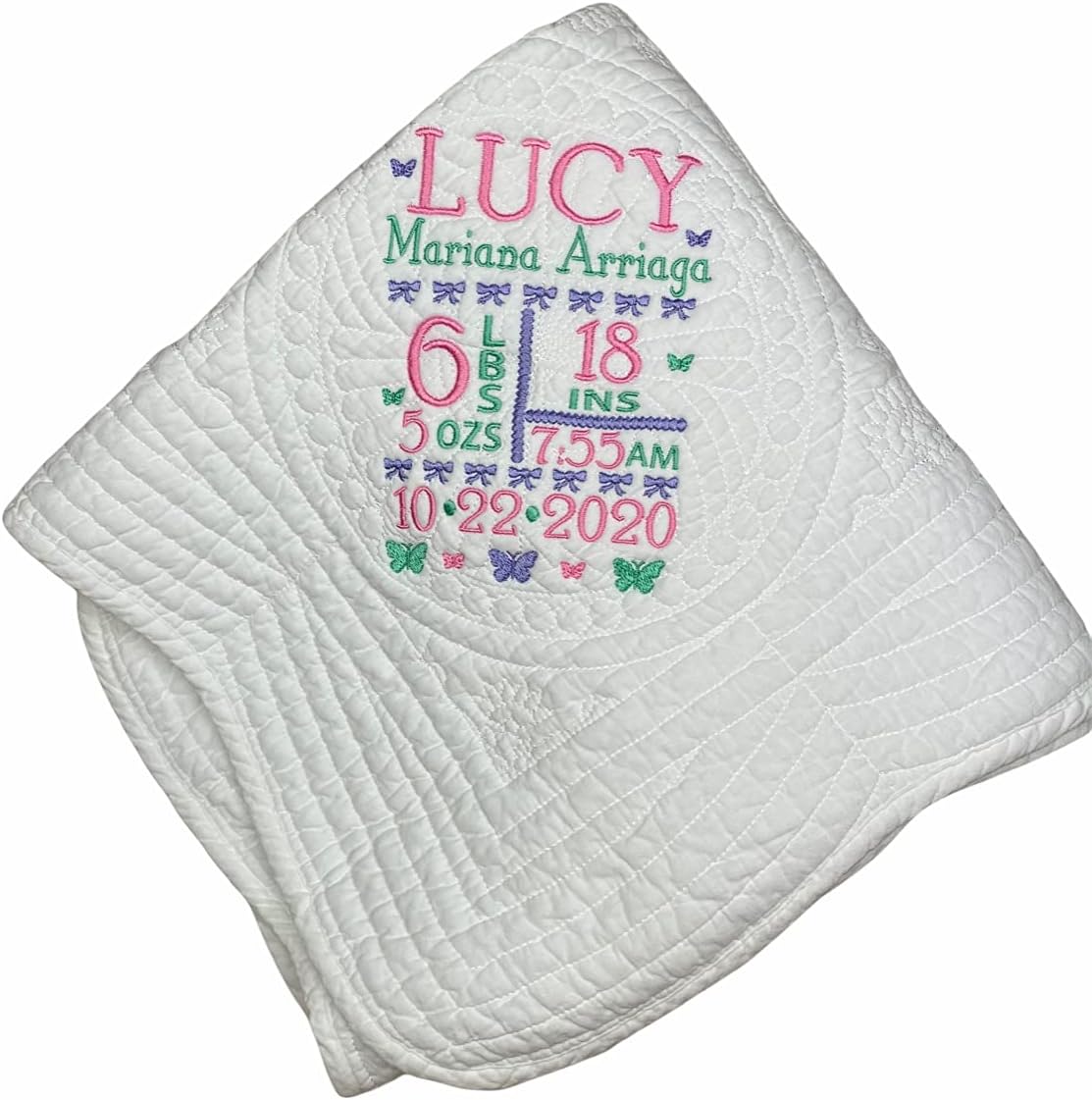 SewCuteBabyQuiltsUS personalized heirloom baby girl quilt front view showcasing custom pink embroidery.