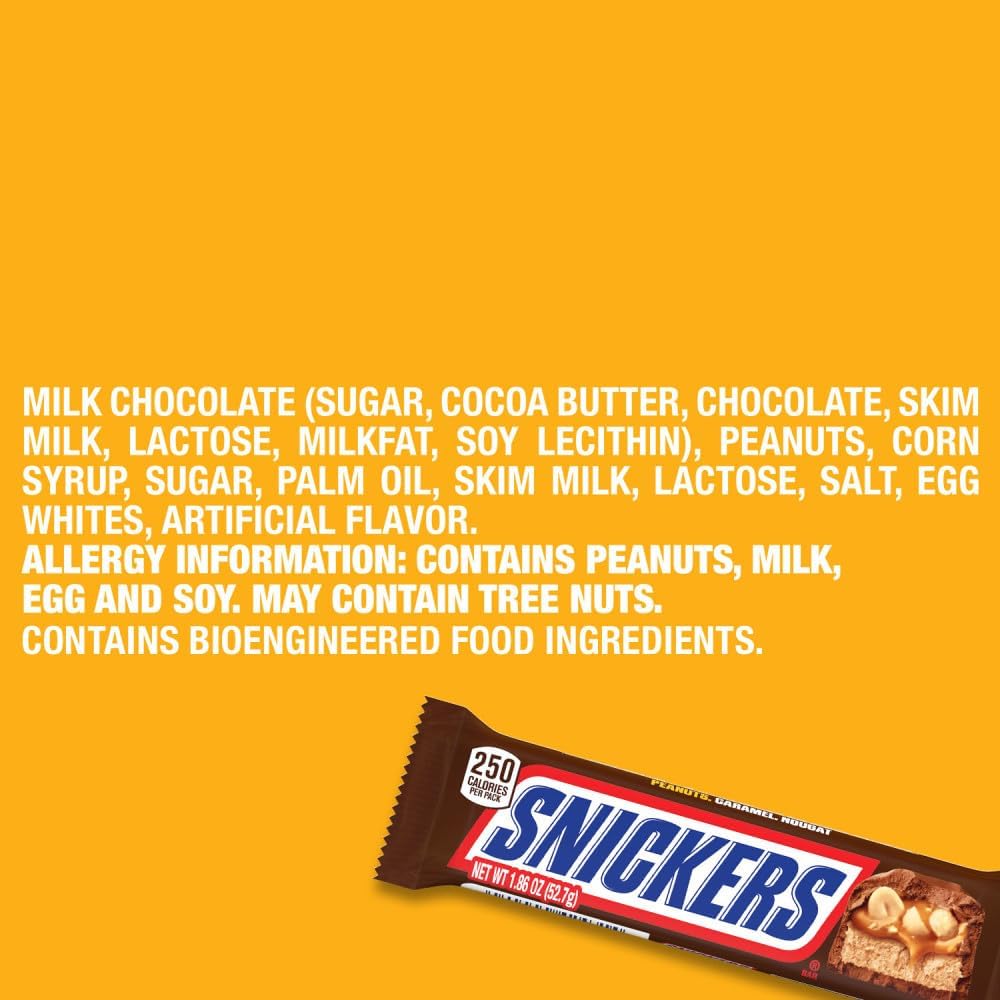 Imported USA Snickers full size chocolate bar displaying ingredients and peanut caramel filling layer.