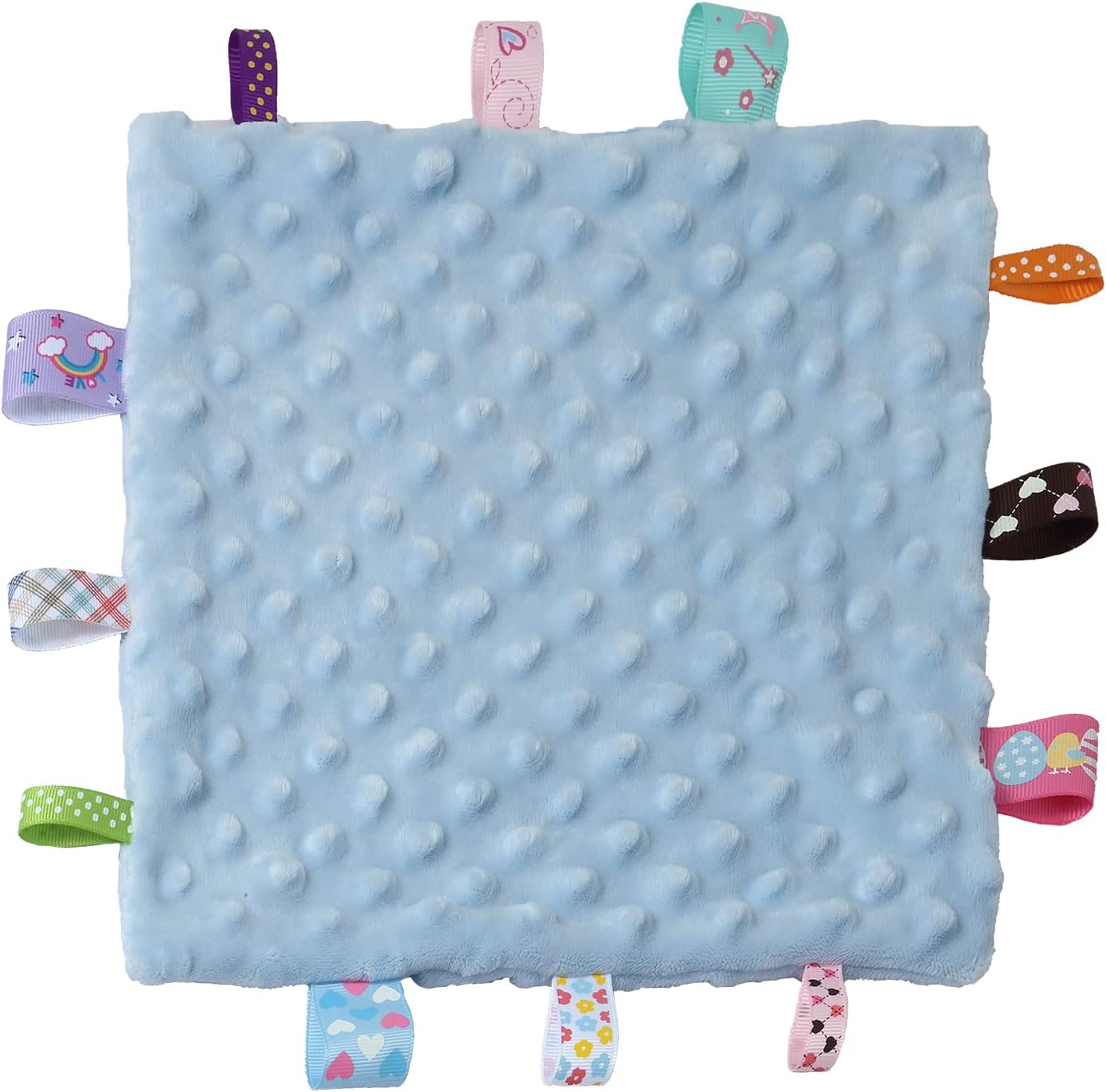 CREVENT Tag Security Blanket front view showing blue minky dot pattern and sensory ribbons.