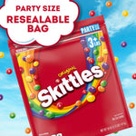 Skittles Original Fruity Candy party size packaging showing the five classic fruit flavor illustrations.