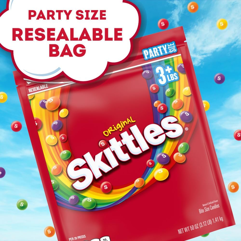 Skittles Original Fruity Candy party size packaging showing the five classic fruit flavor illustrations.