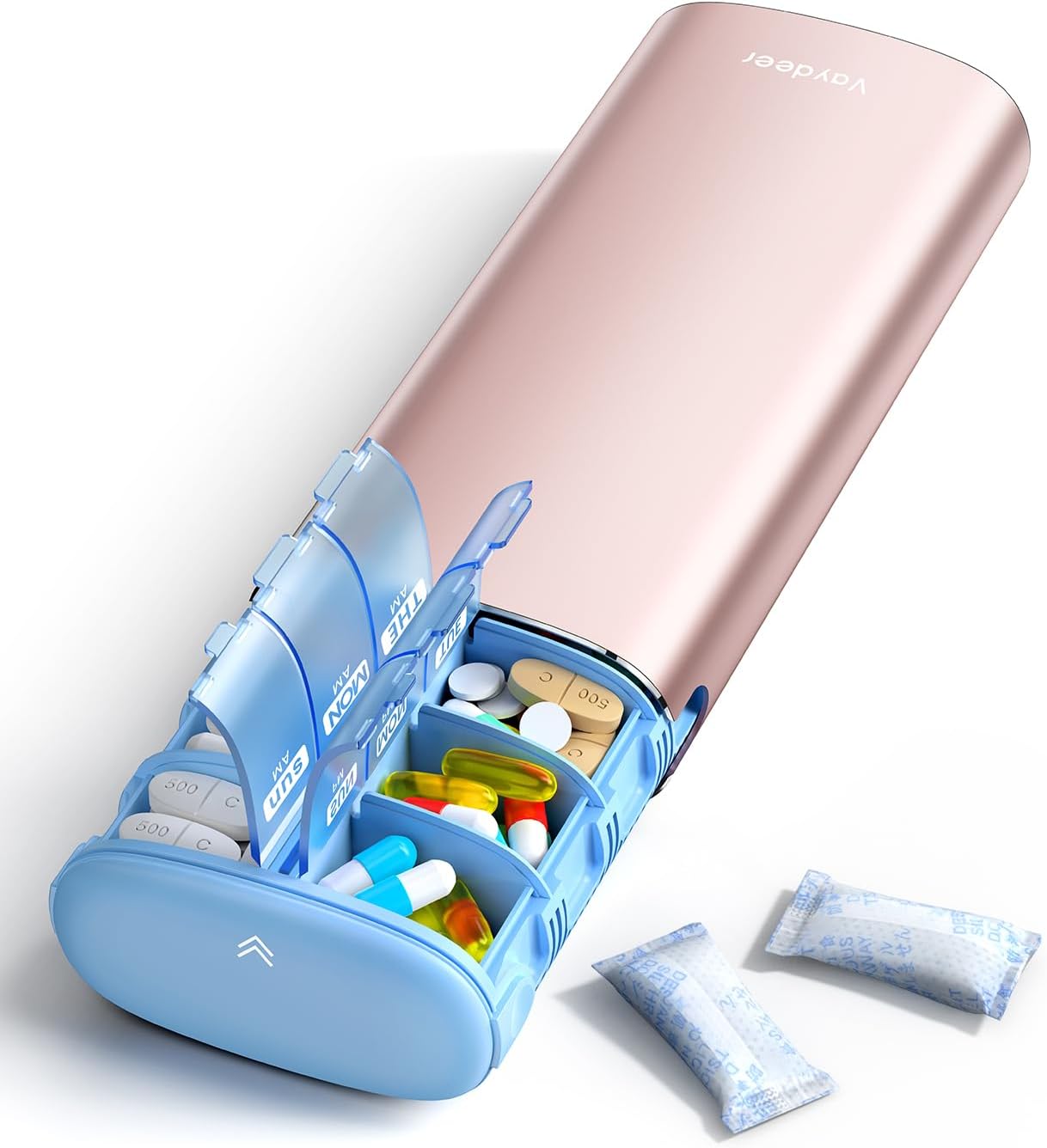 Vaydeer Metal 7 Day Pill Organizer 2 Times a Day – AM PM Weekly Travel Pill Case with Moisture-Proof Desiccant, Airtight Large Capacity Pill Box for Vitamins, Medications & Supplements (Rose Gold) - Image 1