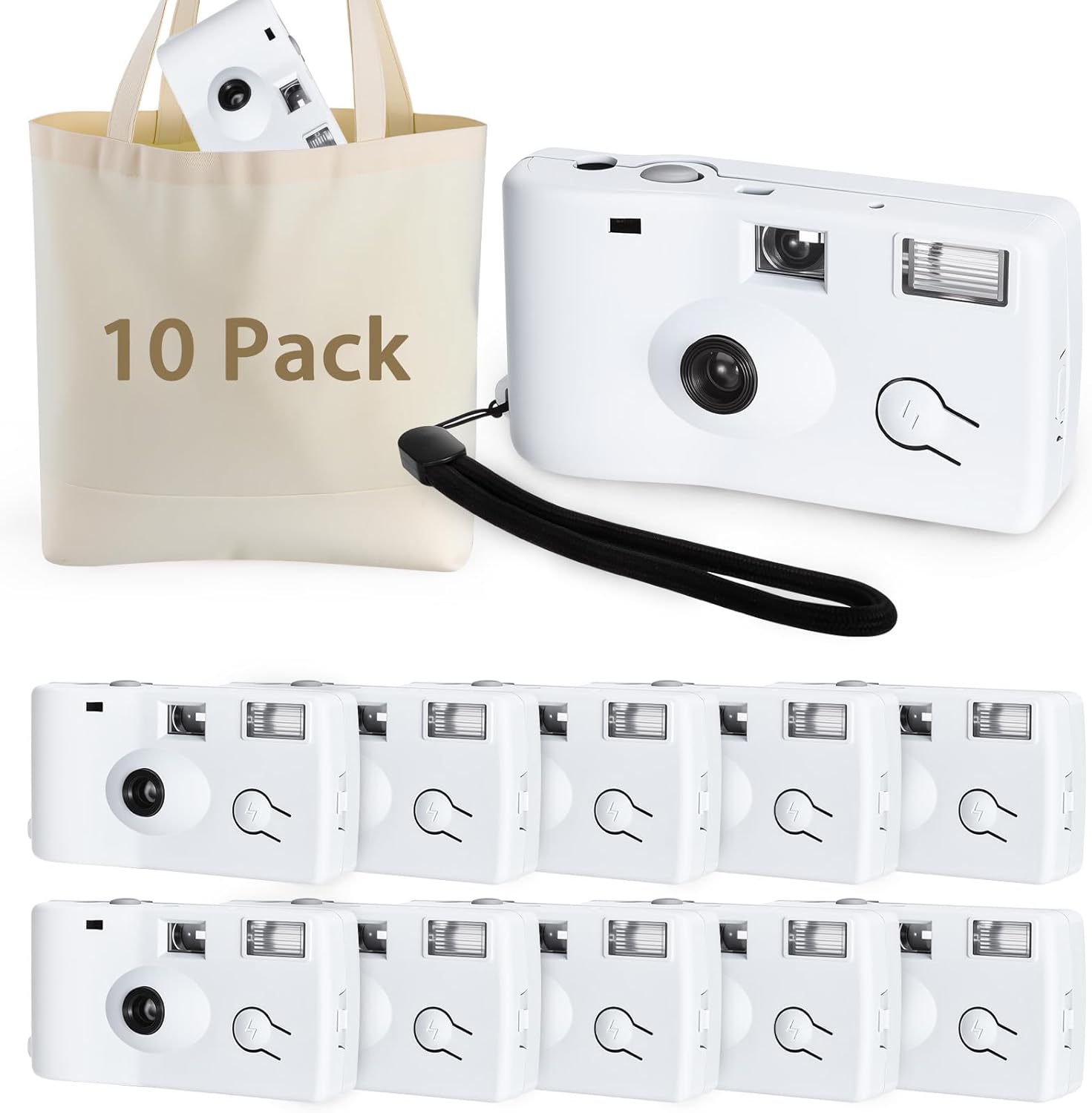 UMMNPR 10 pack disposable cameras front view showing the clean white minimalist design and integrated flash window