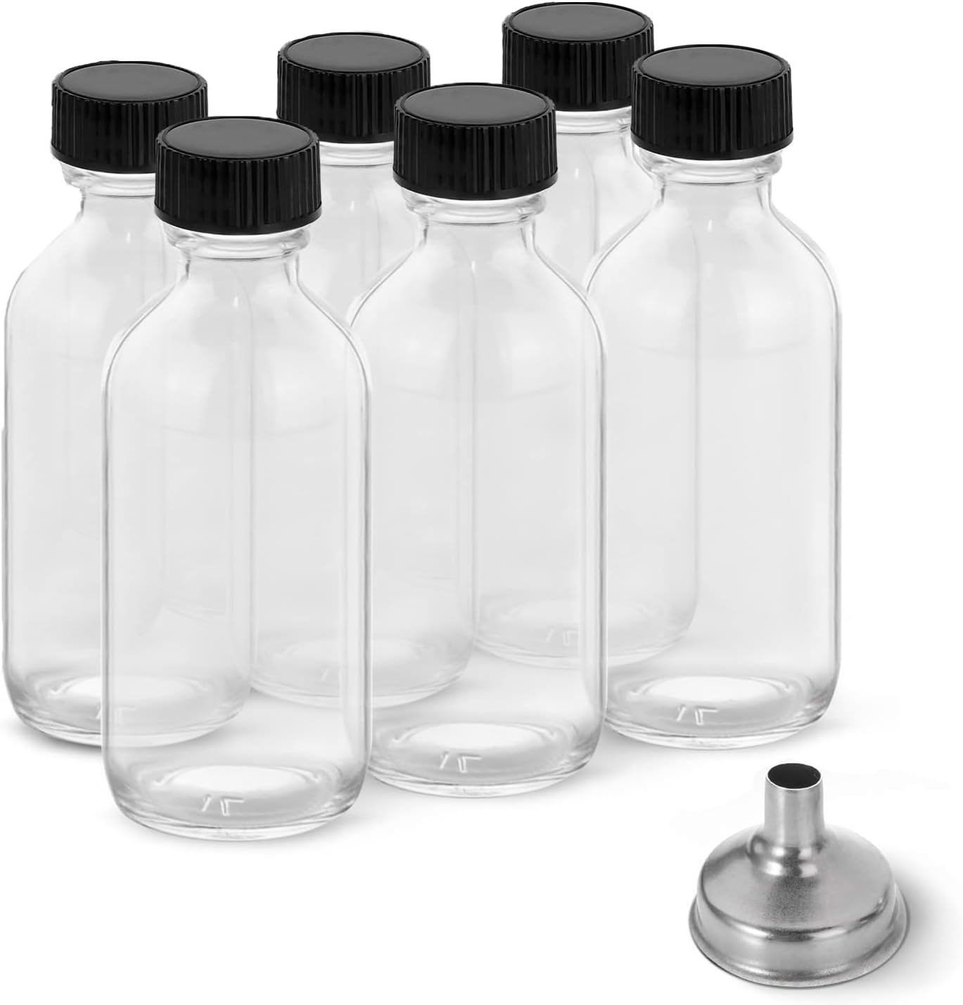 Diditime 6 pack glass shot bottles with black lids and funnels front view