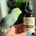 Natural pet bird supplement bottle for calming hyperactive parakeets and parrots