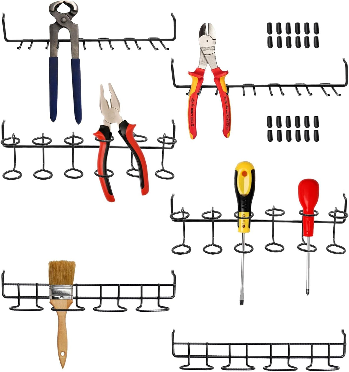 Close-up view of MDEOOSKY stainless steel pegboard clips locked securely into wall panel holes