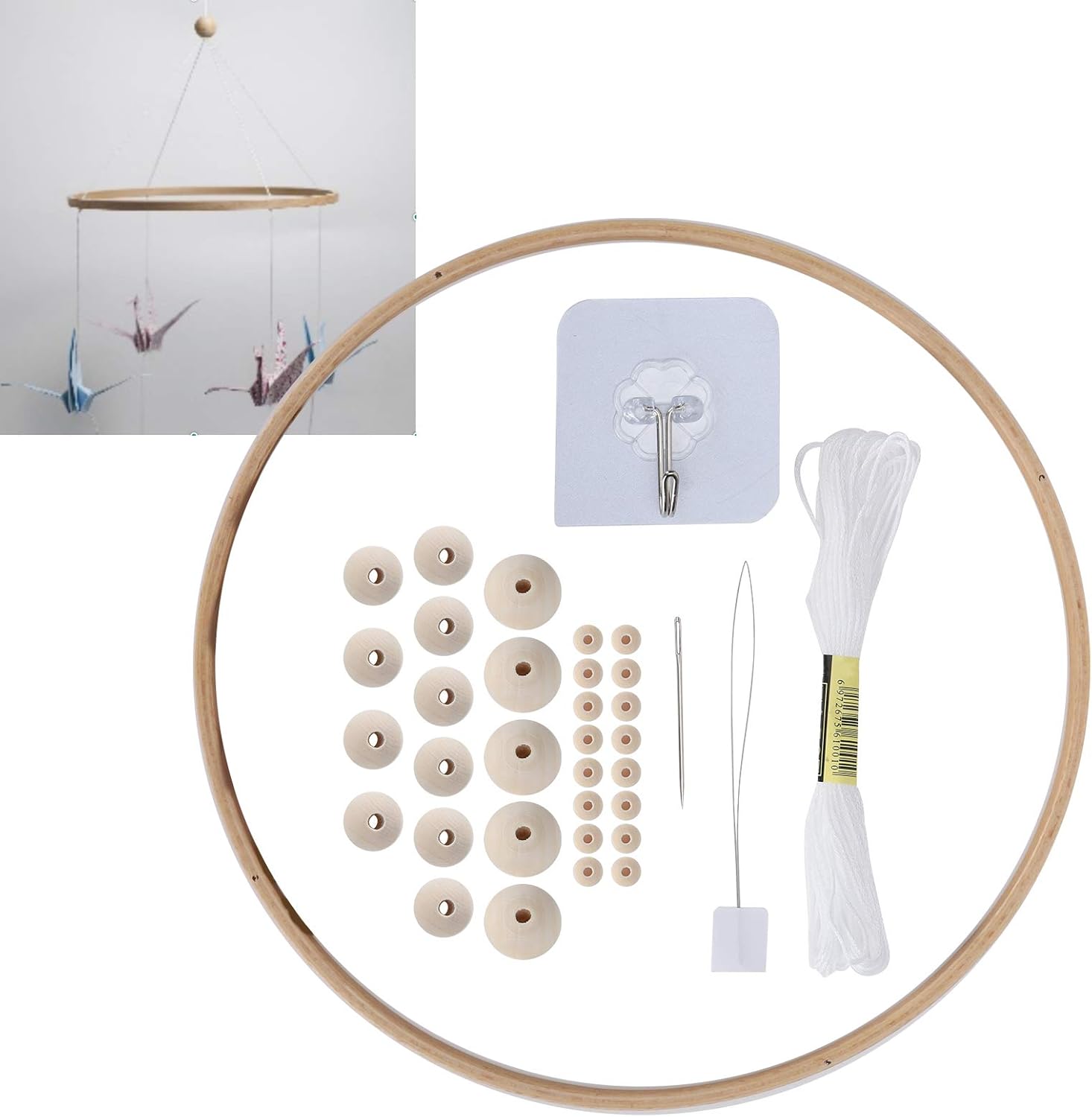 Yuecoom DIY baby wooden mobile hanger kit front view showing natural wood ring and beads for nursery decor.
