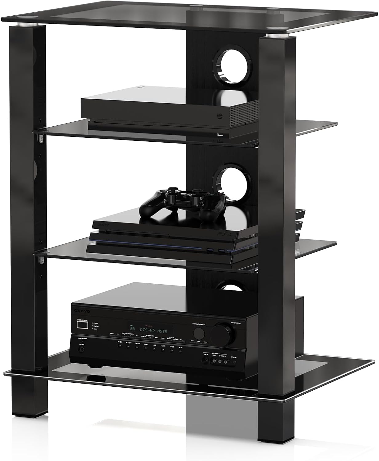 FITUEYES AV media cabinet front view showcasing tempered glass shelves