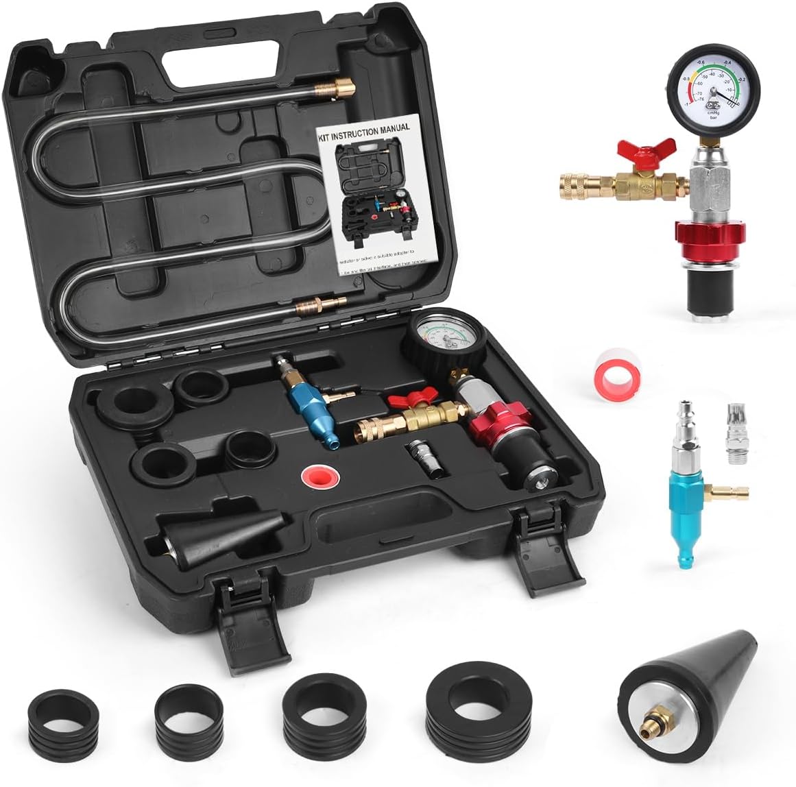 CMTOOL universal coolant vacuum refill kit front view showcasing the pressure gauge and adapters