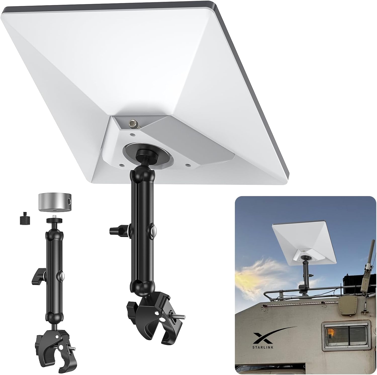 MSAFF 2025 Starlink Mini Clamp Mount Kit front view showcasing the premium CNC-machined aluminum alloy plate and dual ball-joint adjustment mechanism.