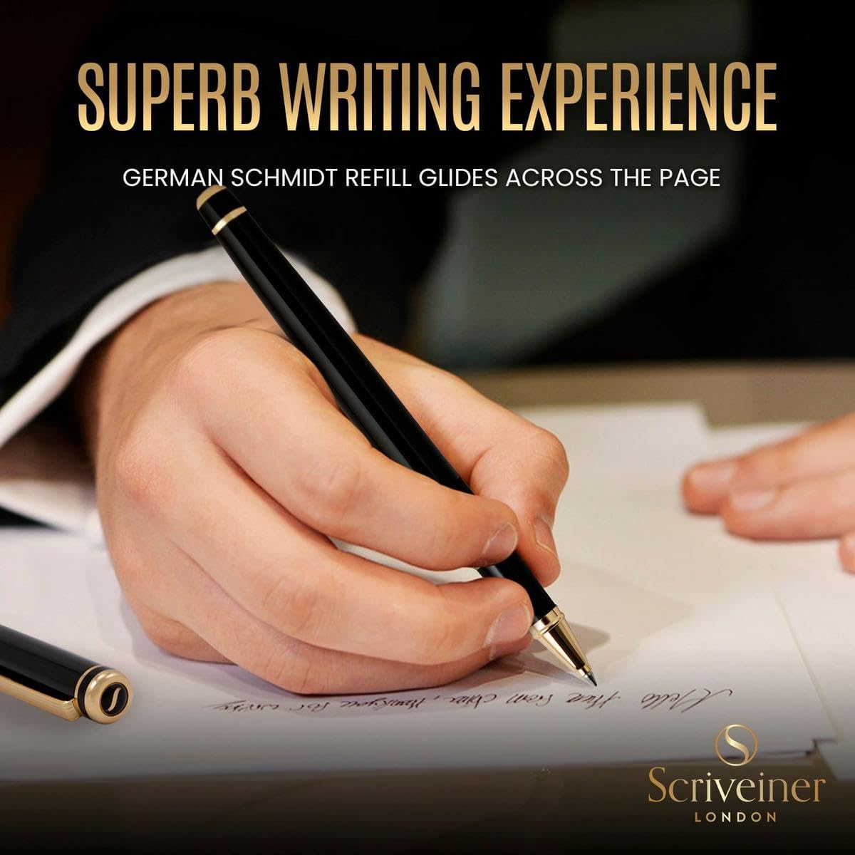 Scriveiner classic black lacquer pen resting inside luxury presentation box