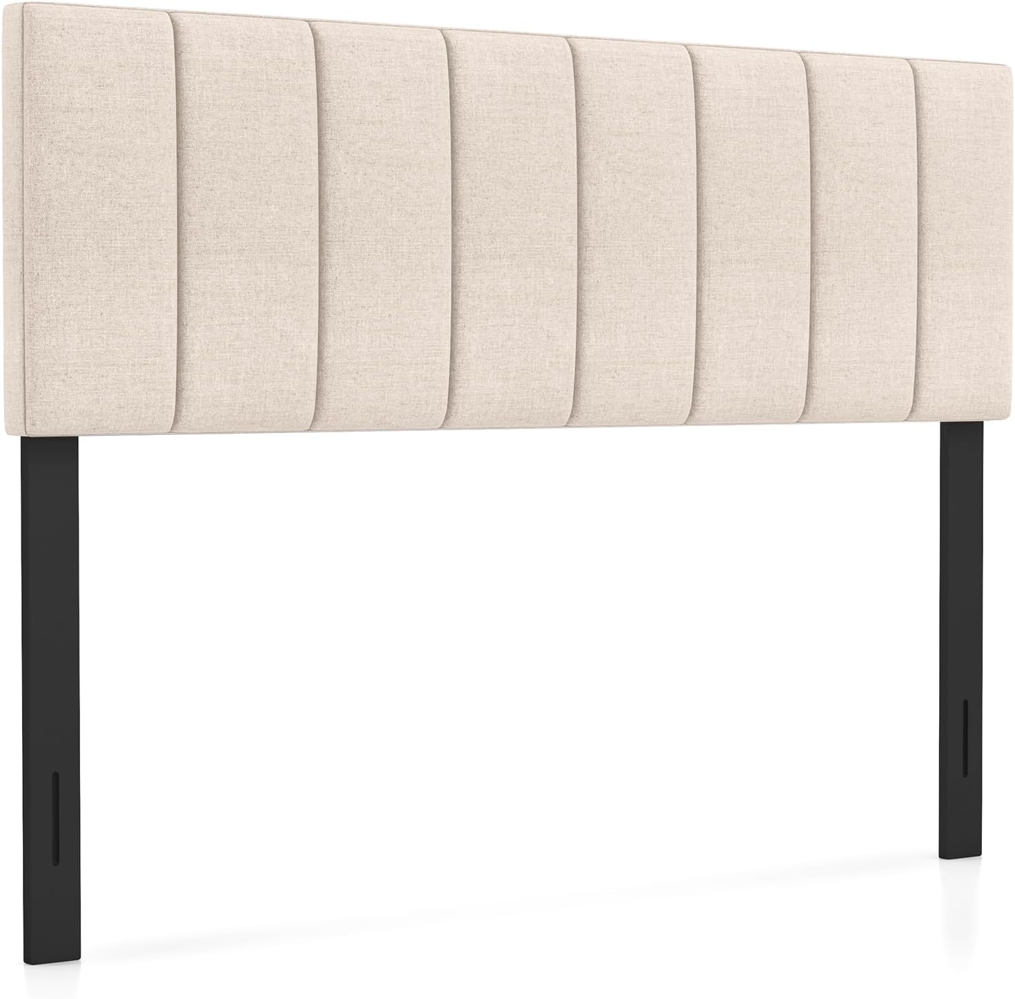 KOMFOTT linen upholstered headboard front view showing beige vertical channel tufted design for bedroom luxury.
