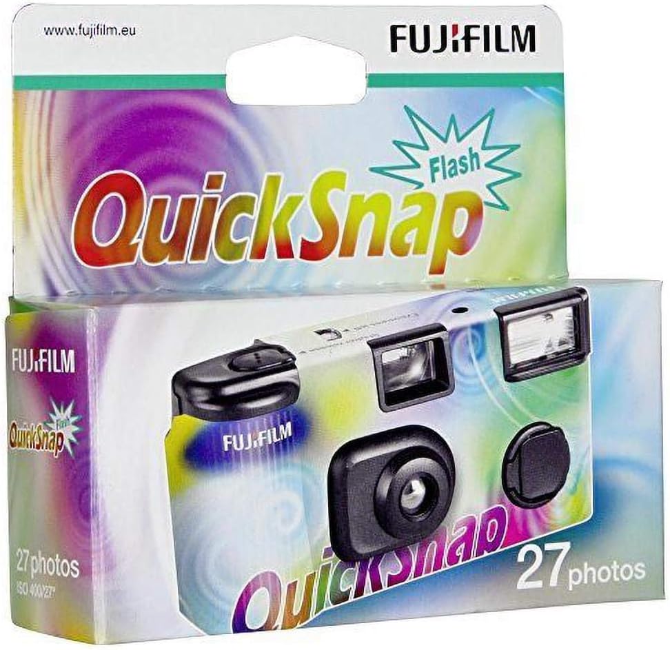 Fujifilm Instax QuickSnap VV EC single use disposable camera front view featuring built in flash switch and optical viewfinder