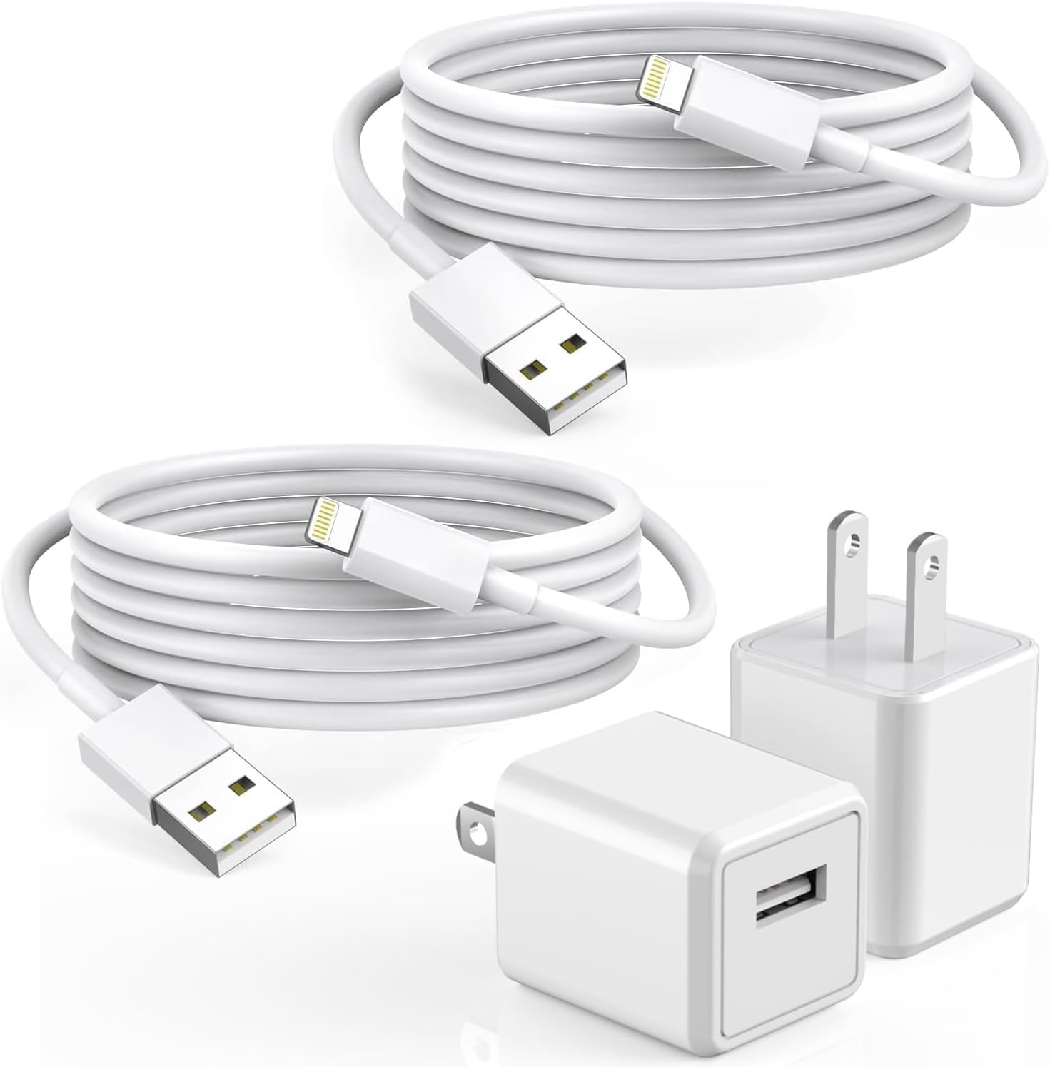 Curvologys iPhone Charger dual pack front view featuring two white wall adapter cubes and two six foot coiled Lightning cables.
