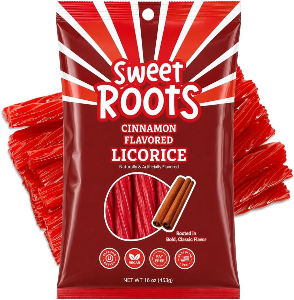 Happy Bites Sweet Roots Cinnamon Licorice Twists front view of the packaging showcasing the sixteen ounce jumbo size bag.