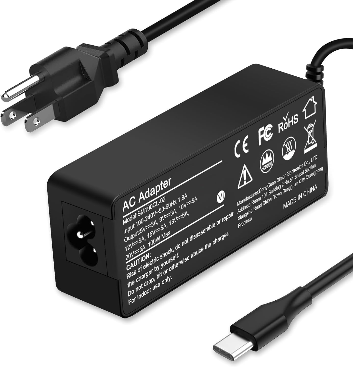 BAJ Universal 100W USB-C Laptop Charger front view showing black casing and integrated Type-C cable
