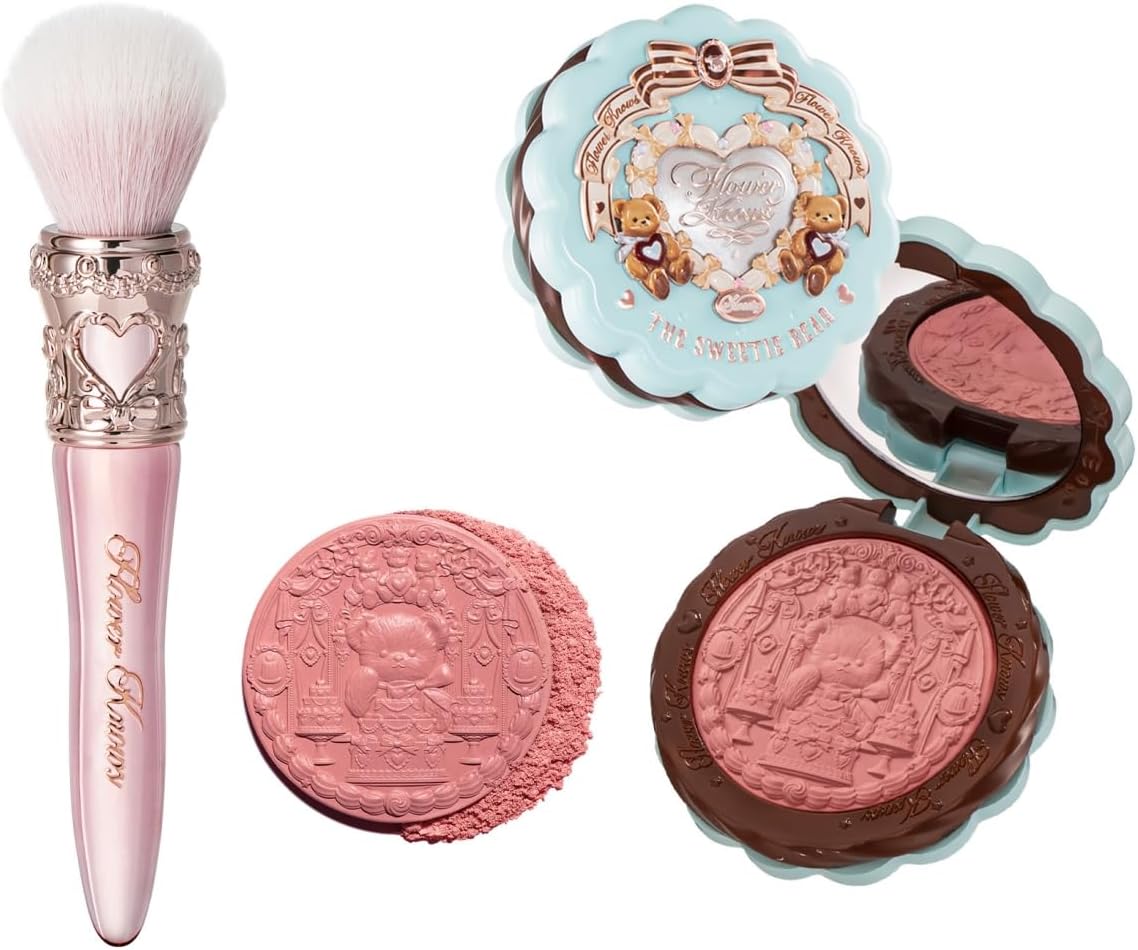 Flower Knows The Sweetie Bear Silk Satin Blush & Brush Set,Talc-Free Rose Pink Powder Blush,Highly Pigmented,Buildable&Blendable,Radiant Cheek Color for a Lively Glow,Gift-Worthy(05 Bear Biscuit) - Image 1