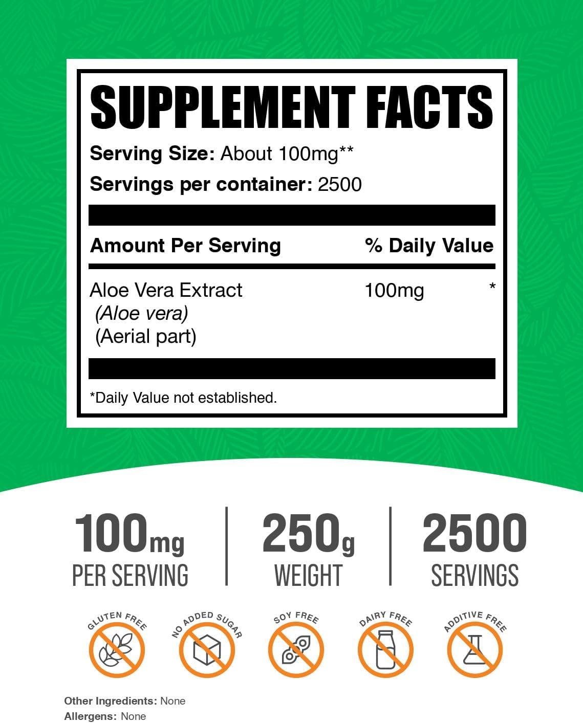 BulkSupplements Pure Aloe Vera Powder 250 grams bag standing upright displaying nutritional information.