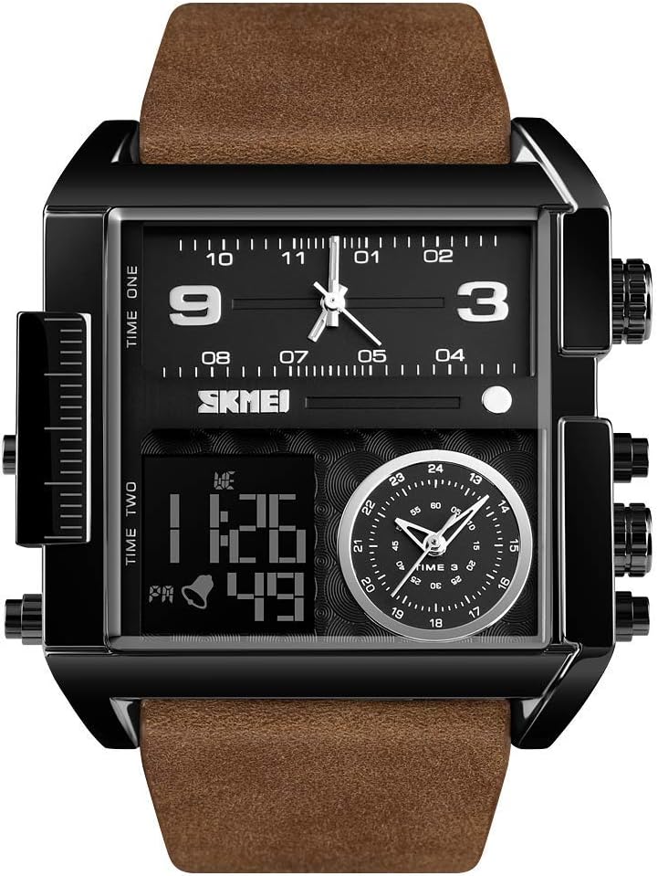 Gosasa Men's Square Large Face Analog Digital Sport Watch | LED Backlight, Three Time Zones, Stopwatch, Countdown, Alarm and Date Display, 50M Water Resistant for Outdoor and Daily Wear - Image 11
