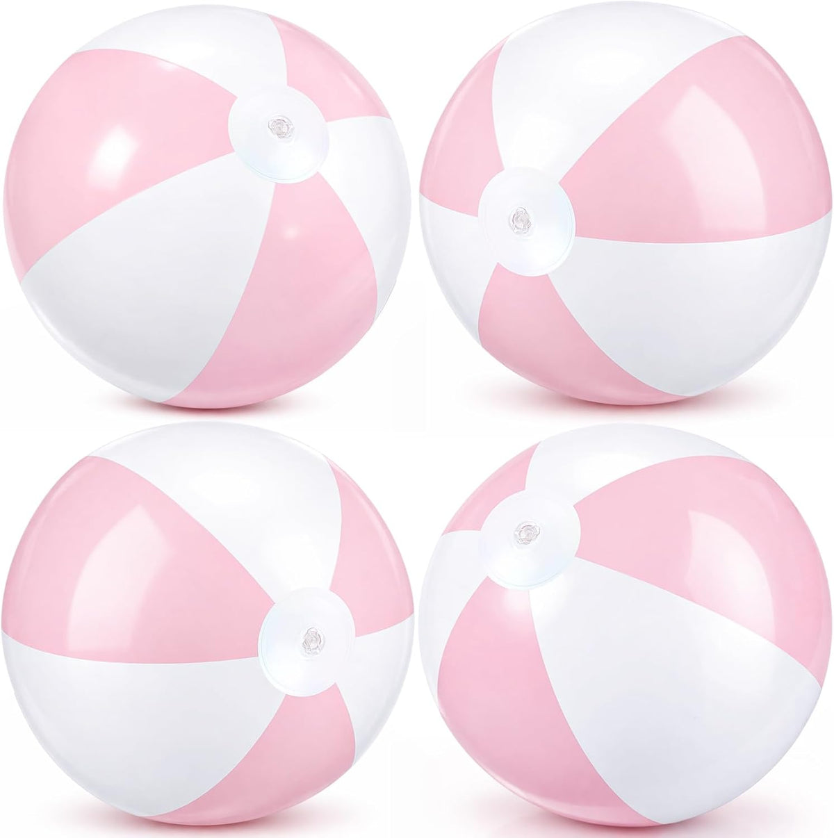 MiniInflat inflatable beach balls 4-pack front view showcasing macaron pink and white stripes for pool parties.