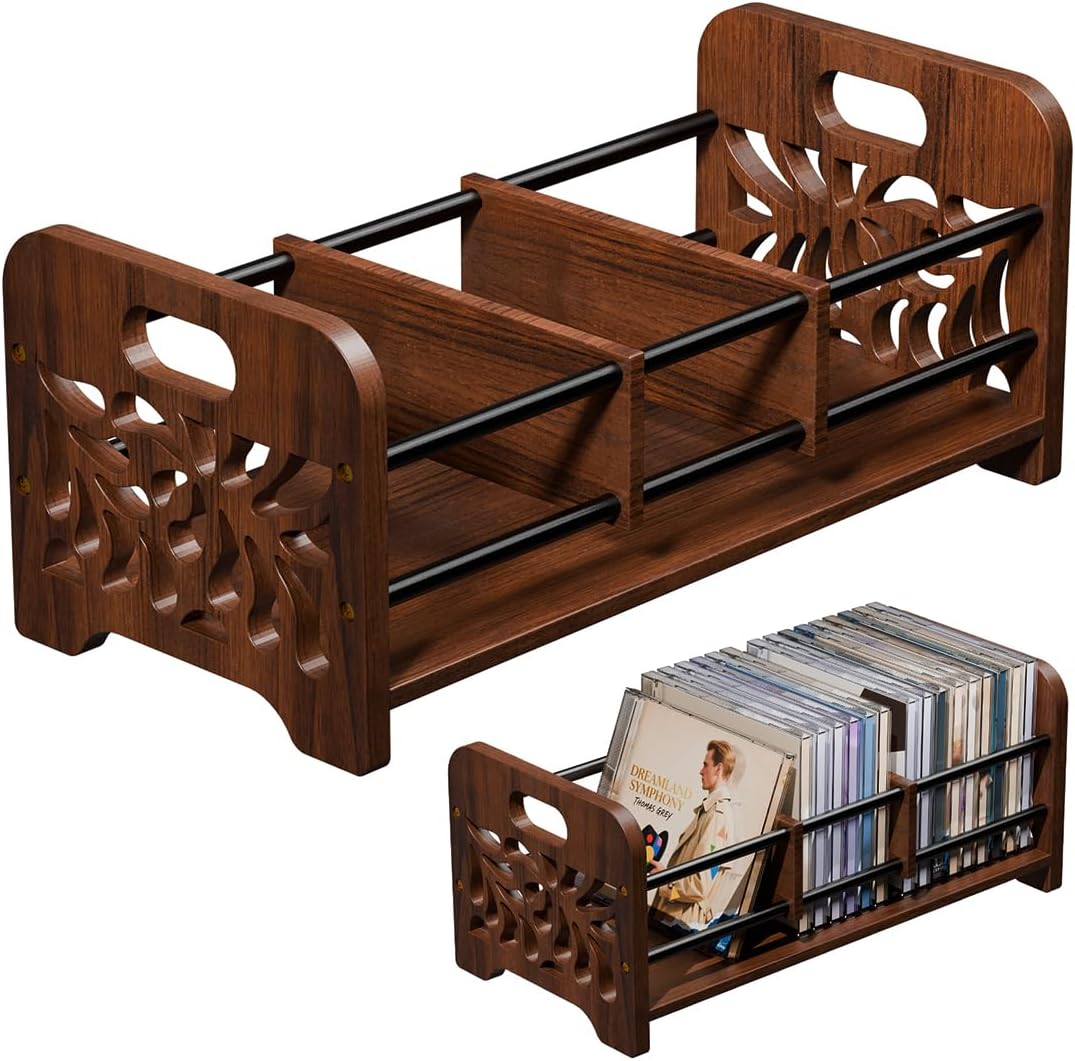 QILICHZ wood CD holder front view showcasing the rustic brown finish and media storage capacity