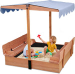 FunXplore wooden kids sandbox with lid and gray canopy view